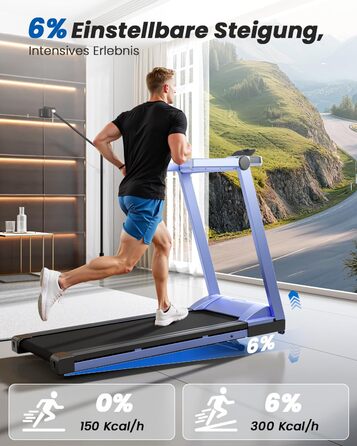 Складне бігове полотно для дому Klappbar 16 km/h, Walking Pad Foldable з нахилом 6%, бігове полотно 158 KG велика площа бігу 112 * 42cm, бігове полотно тихе для дому та офісу (Синьо-Чорний)