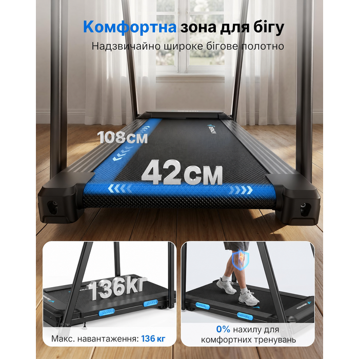 Бігова доріжка Merach для дому, 0.8-8.5 км/год, 3.0 к.с., з поручнями, LED-дисплеєм, для літніх людей, 42x108 см, макс. вага 136 кг, чорна