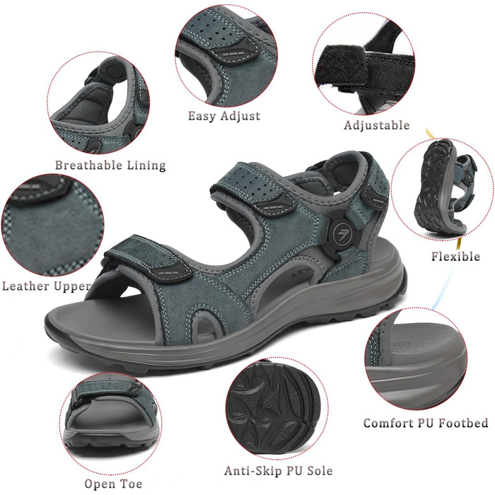 Чоловічі сандалі FLARUT для трекінгу та активного відпочинку, шкіра, сірі, 39 EU