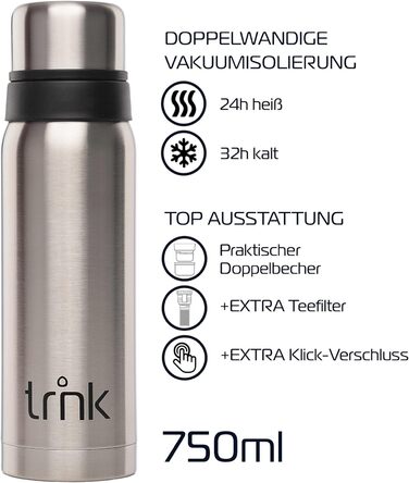 Термос trnk Outdoor Polar 2 з нержавіючої сталі 750 мл, BPA-free, 24 години збереження тепла, 2 чашки-кришки, для подорожей, сріблястий