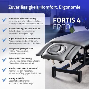 Електричне масажне ліжко HABYS Fortis 4 Ergo, 4-сегментне, для терапії, косметології, 192x68 см, регульована висота