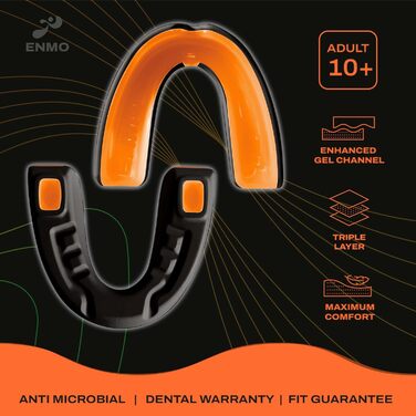 Захисний капу для спорту Enmo Maxilla Pro: для дорослих та дітей (10+), з чохлом. Підходить для регбі, боксу, хокею та контактних видів спорту. Капу з технологією Boil & Bite, тришаровий, з каналом для дихання. Білий/Синій (Чорний/Помаранчевий)