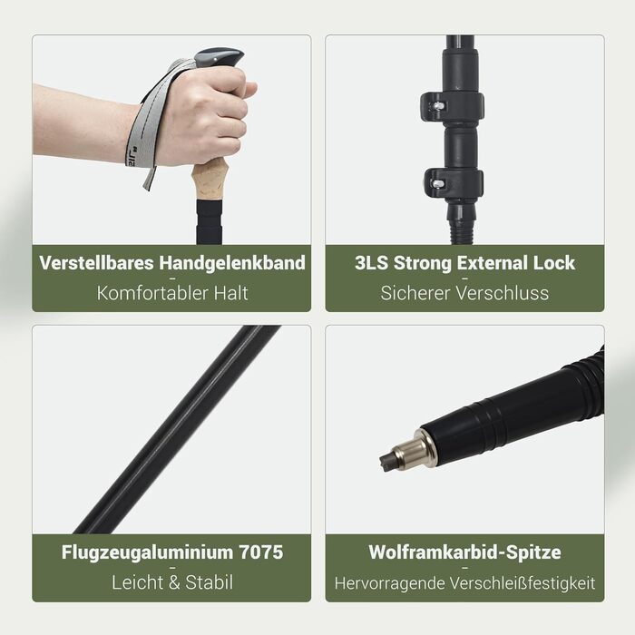 Жінські та чоловічі палиці для скандинавської ходьби, 2 шт. Телескопічні палиці для ходьби та трекінгу з алюмінію з гумовими амортизаторами (ергономічна ручка, чорний колір)