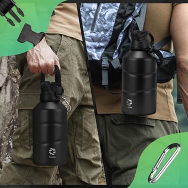 Термофляга FJbottle з нержавіючої сталі 1.9L з магнітною кришкою, без BPA, подвійні стінки, витримує нагрівання, для спорту, універу, кемпінгу, відпочинку на природі, чорна. 1900 мл