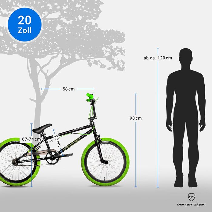Bergsteiger Halifax BMX 20 дюймів, фетбайк, 360° ротор, фрістайл, 2 сталеві підніжки, захист ланцюга, фрівіл, зелено-чорний