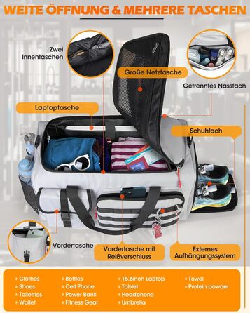 Спортивна сумка RAINSMORE 3 в 1 для чоловіків 45L: рюкзак, сумка-переноска, з відділенням для взуття, ноутбука та мокрого одягу (сіра)