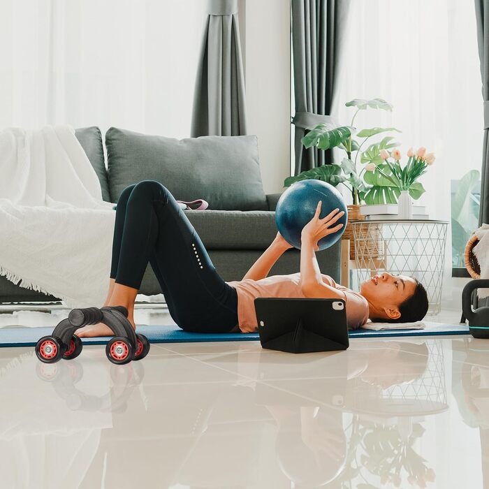 Ролер для пресу Relaxdays з 4 колесами, тренажер для дому, для жінок та чоловіків, чорний/червоний