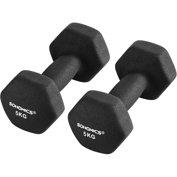 Гантелі SONGMICS набір 2 x 5 кг, з підставкою, 2 x 1 кг, 2 x 2 кг, 2 x 3 кг, для силових тренувань вдома, в офісі чи спортзалі, чорні, лаймові, бірюзові, світло-сірі