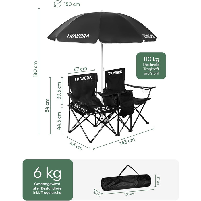 Кемпінговий стілець TRAVORA 2 шт. з сонцезахистом та кишенею для охолодження - складний двомісний стілець для відпочинку та риболовлі, чорний