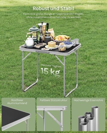 Стіл туристичний складний Woltu 70x50x60 см, алюміній та MDF, для пікніка та відпочинку на природі, чорний