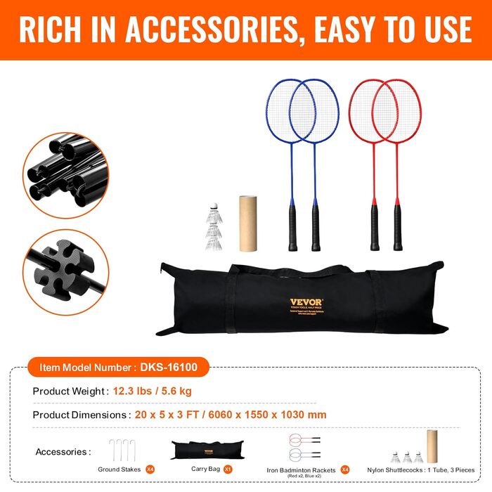 Набір для бадмінтону VEVOR: регульована висота, сітка для волейболу, сітка для піклболу, тенісна сітка, комплект з ракетками та м'ячами
