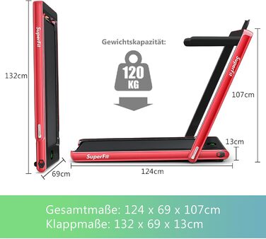 Бігова доріжка COSTWAY 2-в-1, складана, 2,25 к.с., з APP, Bluetooth, пультом, 1-12 км/год, під стіл, для дому, червона