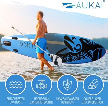 Надувний SUP Board AUKAI PRO 320см | 2-в-1 з каяком (сидіння в комплекті) | 5 років гарантія | Комплект: сидіння, кріплення для Action-Cam, фіксатор для ноги, насос, рюкзак | Колір: Ocean-Türkis