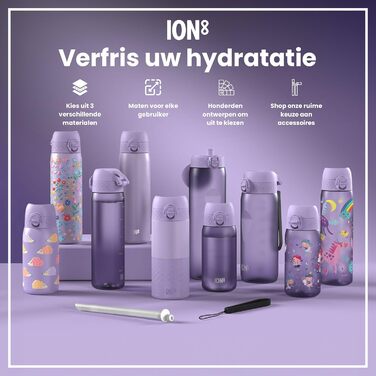 Пляшка для води ion8 500 мл, герметична, зручна кришка, без BPA, з ручкою, легка у догляді, метелик