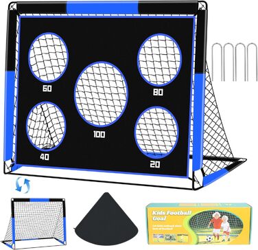 Дитячі ворота для футболу 2-в-1, 150 x 120 см, переносні та стабільні, з 5 цілями, 4 земляні кілочки та сумка, для саду, парку, пляжу (блакитні)