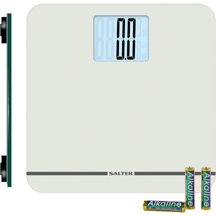 Електронна вага Salter 9075 WH3R Premium Max, скляна платформа, до 250 кг, цифрова вага для людей, XL-дисплей, килимові ніжки, батарейки, біла