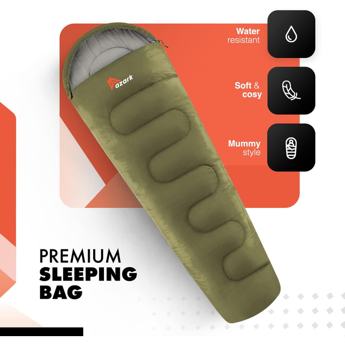 Спальний мішок Azark Premium, 350 г/м², легкий та водонепроникний, для 4 сезонів, кемпінг, туризм, відпочинок на природі, для дорослих та дітей (зелений)