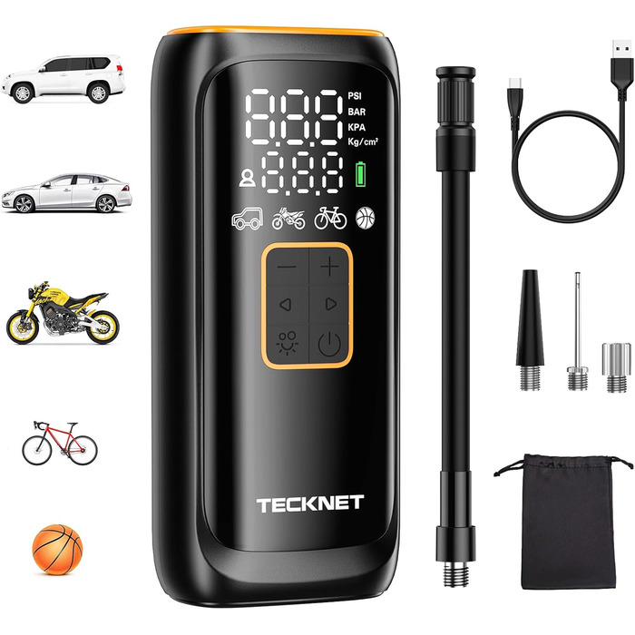 TECKNET електричний компресор 6000mAh, насос 150 PSI для авто, велосипедів, мотоциклів, м'ячів, з манометром, павербанком та ліхтариком