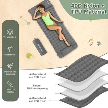 Килимок для кемпінгу HAUSPROFI Isomatte: ультралегкий надувний матрац з насосом та подушкою, для туризму, пляжу, відпочинку на природі (сірий)