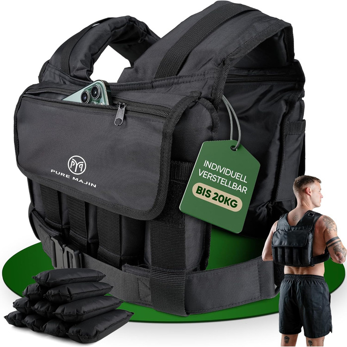 Вага для тренувань PURE MAJIN® 20 кг, регульована, з кишенею та металевим ременем | Фітнес, воркаут, біг, калістеніка, обладнання, вага, тренування - чорний або камуфляжний чорний