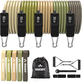 Набір еластичних стрічок WHATAFIT для фітнесу, силових тренувань та реабілітації. 16 рівнів опору, з дверним кріпленням, ручками та сумкою. Для чоловіків та жінок.