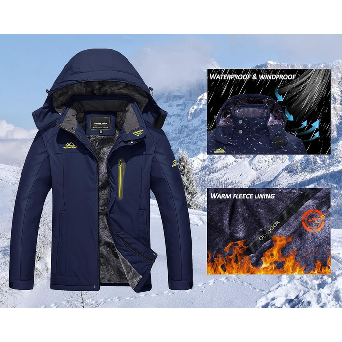 Зимова куртка KEFITEVD для чоловіків, водонепроникна, тепла, з підкладкою, для катання на лижах, спортивна, вітронепроникна, дихаюча, функціональна з відстібаною капюшоном (M, Темно-синій)