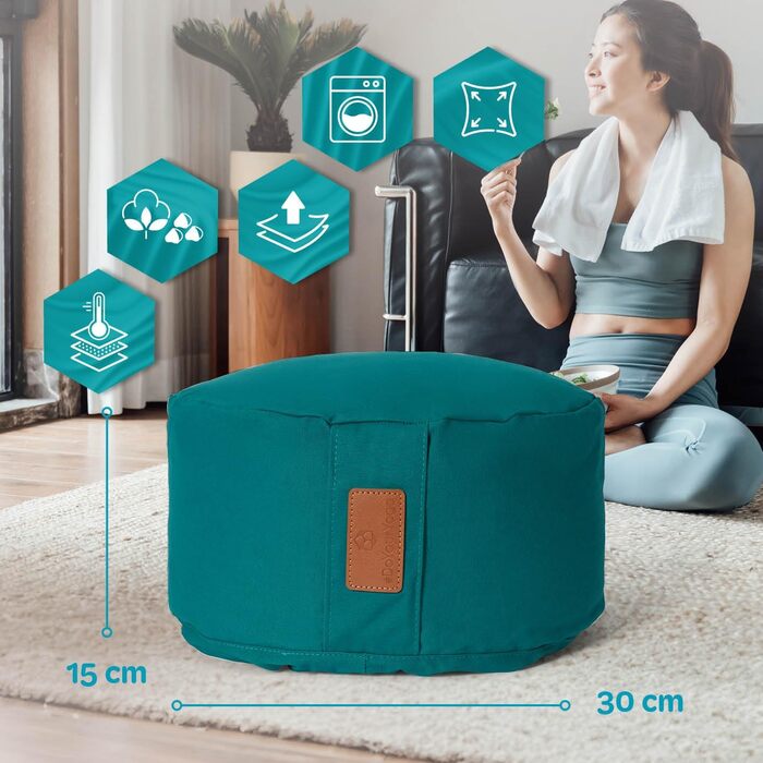 Йога-боулстер Rundes 30см x 15см | Знімний чохол | Наповнювач: органічна гречка (KBA) | Для Інь-йоги та медитації (гречка, темно-зелений)