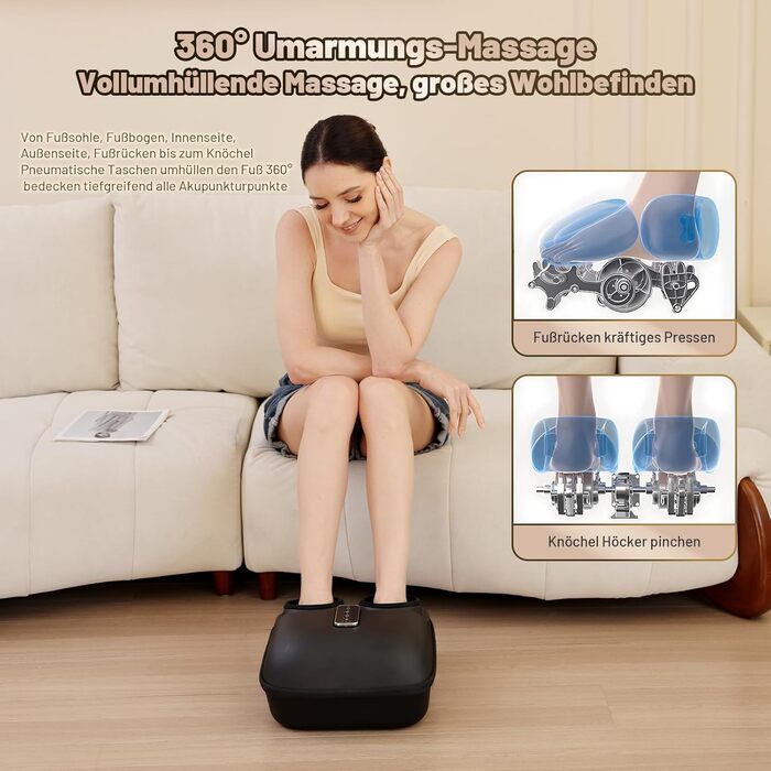Масажер для ніг BeSokar Shiatsu з пультом, 6D-кнесірування, ролики, повітряна компресія, 3 рівні інтенсивності, теплова терапія