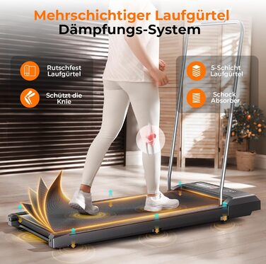 Біговий доріжка для дому з нахилом та страхувальним тросом, 2.5 PS Walking Pad, 8 км/год, 2 в 1 біговий доріжка під стіл для дому та офісу, пульт дистанційного керування, LED дисплей, додаток, голосове керування, чорний з підлокітниками