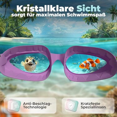 Дитячі окуляри для плавання Kidverse - Комфортні окуляри для дайвінгу для дітей 3-13 років з UV-захистом та антизапітнієвим покриттям - Окуляри для плавання для дівчаток та хлопчиків (фіолетово-рожеві)