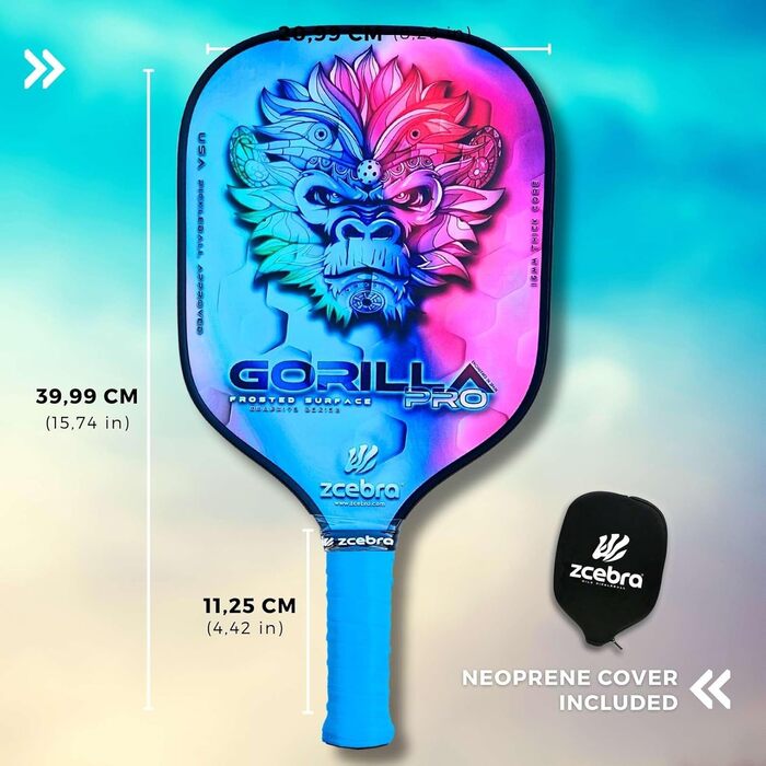 Ракетка для піклболу ZCEBRA Gorilla Pro Rainbow, графітова, 16 мм, поліпропіленовий стільниковий сердечник, текстурована поверхня, чохол неопрений