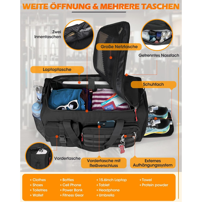 Спортивна сумка RAINSMORE 3 в 1 для чоловіків, 45 л: рюкзак, сумка-переноска, з відділенням для взуття, ноутбука та мокрого одягу, чорна