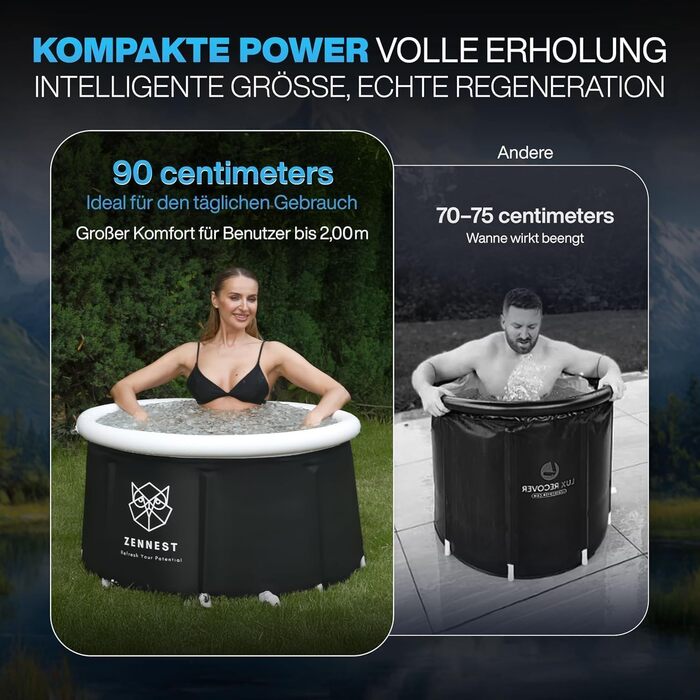 Ейстонне Зеннест - ванна для крижаних процедур 90см, XL, для дому та на відкритому повітрі. 6-шарова ізоляція, німецька інженерія, портативна ванна для дорослих. Електронна книга (Rund-light)
