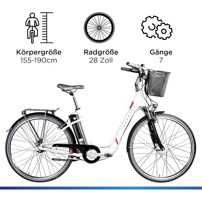 Електровелосипед ZÜNDAPP Z517 для жінок 28 дюймів, міський, ретро-дизайн, 7 швидкостей, задній гальмо, з підсвіткою, для дорослих 155-190 см