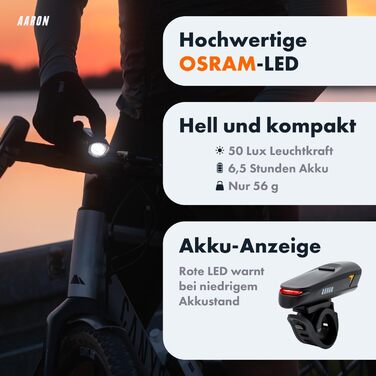 Велосипедні ліхтарі AARON 50 LUX: комплект для міських поїздок та електровелосипедів, сертифіковано StVZO, USB-зарядка, водонепроникні. Комплект освітлення для велосипеда (передній + задній)