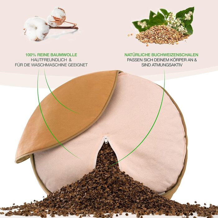 Йога подушка BACKLAXX® для медитації XL, діаметр 35 см, висота 15 см, з наповнювачем з гречаної лузпи, з відеокурсом - пуф-подушка для сидіння на підлозі (Абрикосовий жовтий)