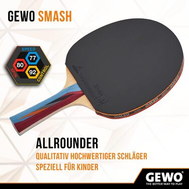 GEWO SMASH ракетка для настільного тенісу ITTF, дитяча, для змагань, універсальна, покриття Thunderball 2, висока обертальність, ручка конкав, губка 2,0 мм