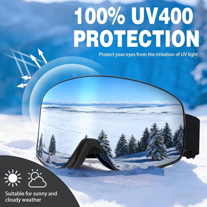 Гірськолижні маски VCOROS з змінним склом, унісекс, захист від UV, антитуманне покриття, регульований ремінь, сноуборд маска 02-Срібло/Білий + лінза (VLT13 %) (01-Срібло/Чорний + лінза (VLT13 %))