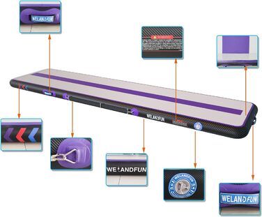 Надувна гімнастична матка Air Matte 400x100x20 см з насосом для гімнастики, йоги, дому, залу та челедингу (фіолетовий)