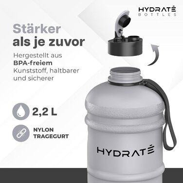 Фляга для води HYDRATE XL 2,2 л - для спортзалу, спорту та подорожей, без BPA, витривала, сіра, 2200 мл