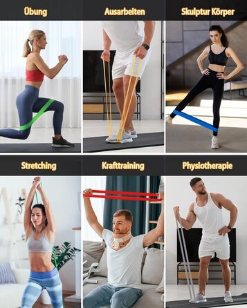 Набір еластичних стрічок для фітнесу: 9 шт. для силових тренувань, йоги та розтяжки вдома – включає тренувальний банд, турнік-стрічку, постер та сумку