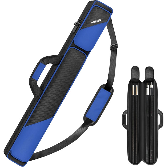 Чохол для більярдної cue 2x2 на 2 киї з кишенями на блискавці для аксесуарів, міцний, поліестер, з плечовим ременем та ручкою, м'який, для жінок та чоловіків (Синій / Чорний)