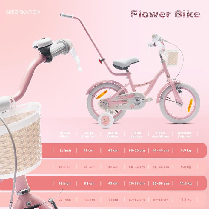 Дитячий велосипед Sun Baby Flower для дівчаток 2-6 років, знімна батьківська ручка, різний розмір коліс