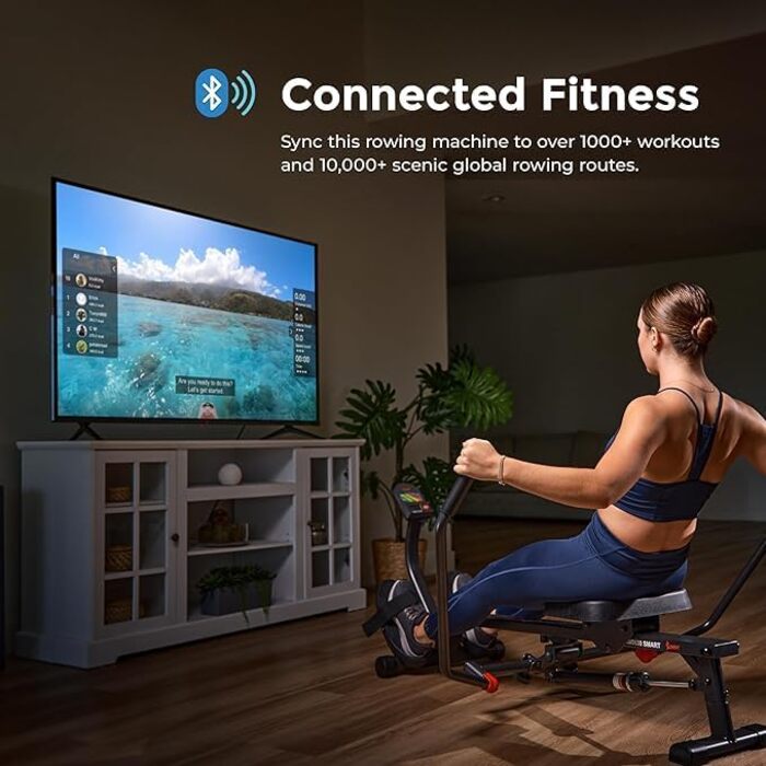 Інтелектуальний компактний гребний тренажер Sunny Health & Fitness SF-RW5639SMART, повний тренаж для всього тіла, м’який рух, подовжена напрямна, вантажопідйомність 159 кг