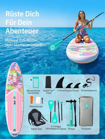 Надувне SUP-борд Niphean Stand Up Paddle Board з сидінням та аксесуарами, 320 см, для всіх рівнів, вантажопідйомність 200 кг (2 особи), Floral Symphony з StabilTrac-фіном