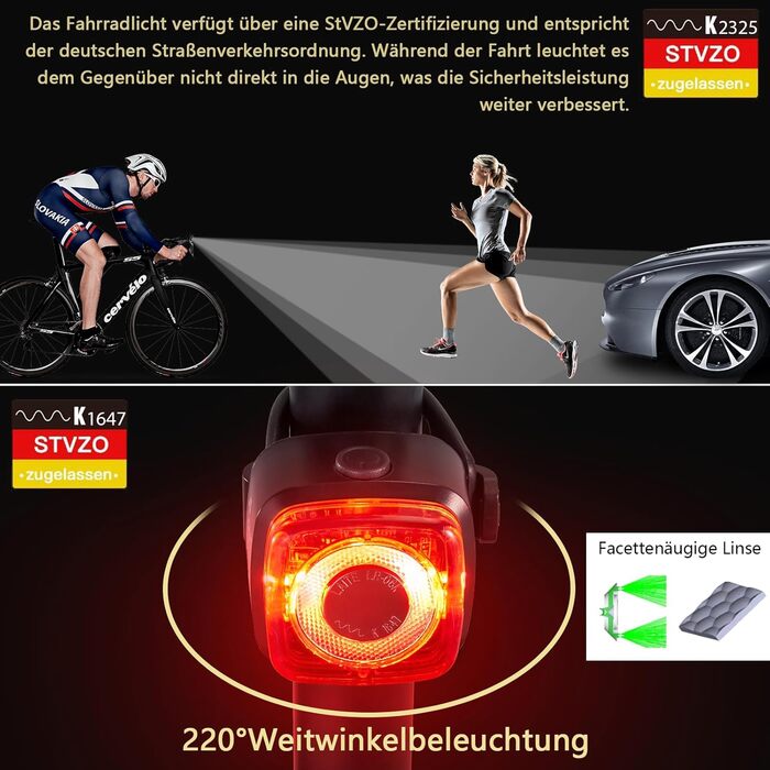 Набір LED-фаро для велосипеда, сертифікований StVZO, 600mAh, зарядка Type-C, передній + задній ліхтар, водонепроникність IPX5