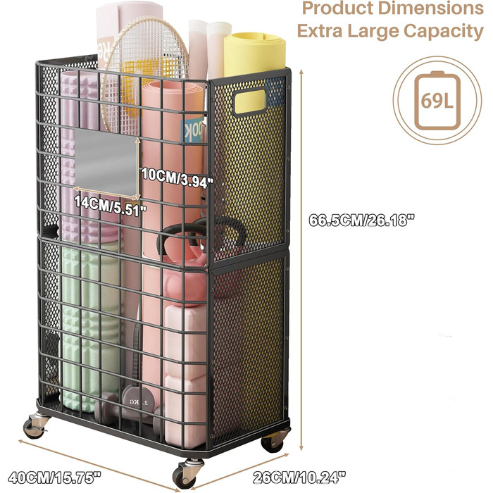 Стійка для зберігання йогаматів, полиця для фітнес-обладнання з колесами, кошик для йоги на 4 мати, чорний