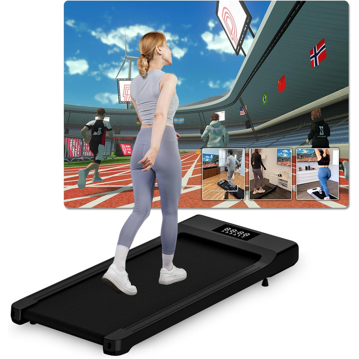 Бігова доріжка DeerRun Raceable для дому, 100 см, чорна, APP-керування, KI-супровід, мультиплеєр, навантаження до 159 кг, Walking Pad, сумісна з розумними годинниками