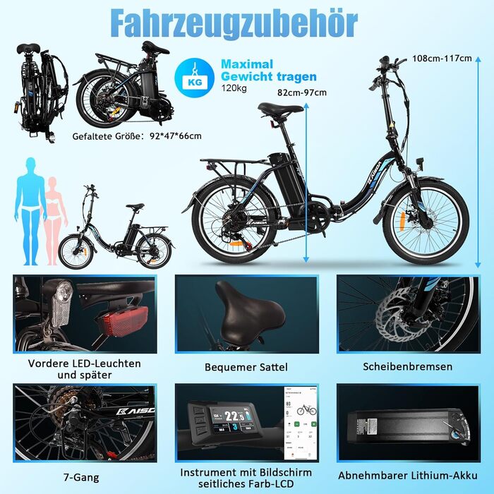 Електровелосипед KAISDA складаний 20 дюймів, 250W, 36V 13Ah знімна Li-ion батарея, до 100 км, 7-ступеневий, міський електробайк для дорослих