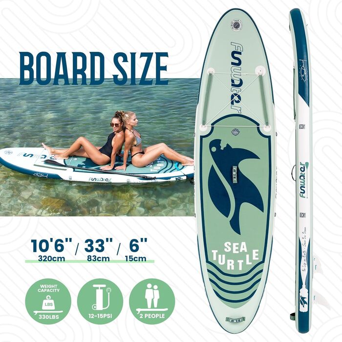Надувна SUP-дошка FunWater SEA TURTLE для дорослих з аксесуарами: регульоване весло, насос, рюкзак, ремінець, водонепроникна сумка
